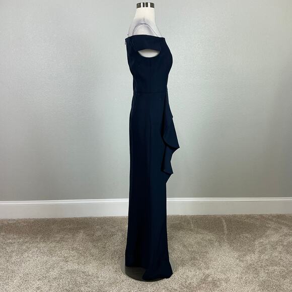 Vince Camuto Off the Shoulder Column Evening Gown Blue Size 6 Ruffled Side Slit - Picture 3 of 14